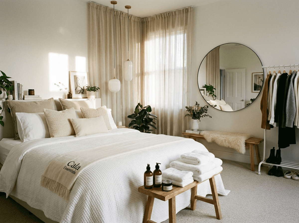 A styled bedroom prepared with Essentials by Calahaus amenities