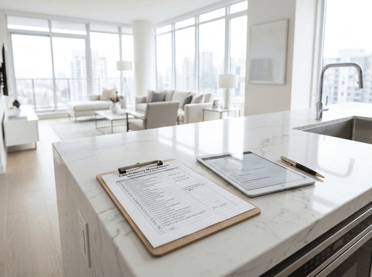 A property management checklist on a kitchen island